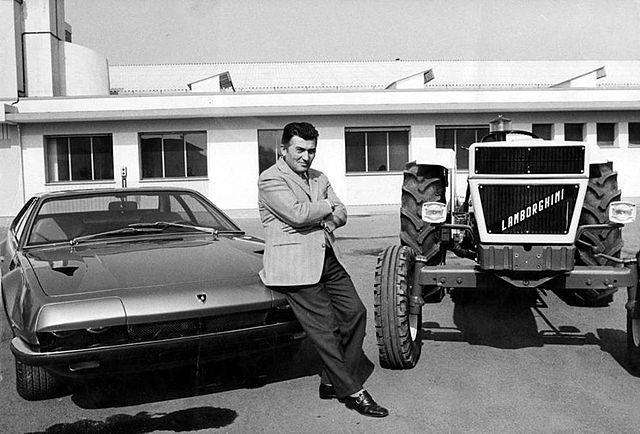 Ferruccio Lamborghini between a "Jarama" and a tractor