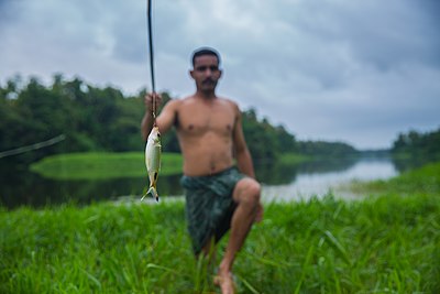 Fischer mit seinem Fang des häufig vorkommenden Paral Fish (Dawkinsia filamentosa) aus dem Chalakudy River