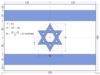 Technical drawing of the flag - note that the length of the triangles in the Hexagram is not defined by law, only the thickness of its stripe. This drawing assumes a diameter of 69, as in the most common usage.