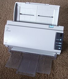 A scanner with a duplexing automatic document feeder Fujitsu ScanSnap fi-5100C tray open.jpeg
