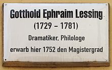 Gedenktafel Kirchplatz 26 (Wittenberg) Gotthold Ephraim Lessing.jpg