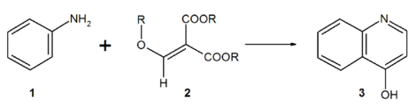 Reactieverloop van de Gould-Jacobs-reactie.