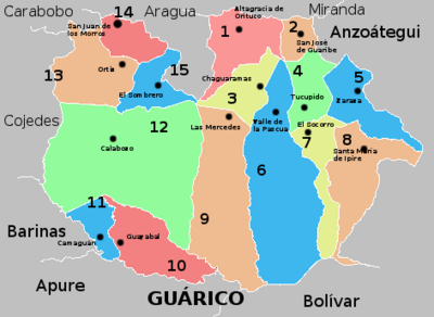 Guárico.
(1) José Tadeo Monagas,
(2) San José de Guaribe,
(3) Chaguaramas,
(4) José Félix Ribas,
(5) Zaraza,
(6) Leonardo Infante,
(7) El Socorro,
(8) Santa María de Ipire,
(9) Las Mercedes,
(10) Guayabal,
(11) Camaguán,
(12) Miranda,
(13) Ortiz,
(14) Roscio,
(15) Mellado