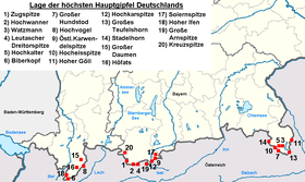 Lage der höchsten Hauptgipfel, es fehlt an 14. Stelle der Kahlersberg