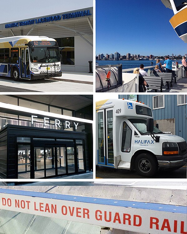 Clockwise from top-left: Halifax Transit bus, view of Halifax from the deck of the Stannix, Access-a-Bus vehicle, warning on Halifax III railing, new 