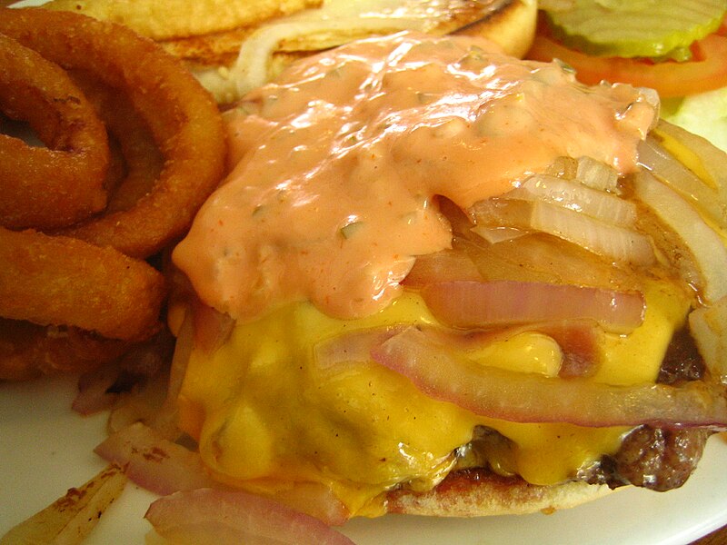 File:Hamburger topped with grilled onions, cheese and russian dressing.jpg