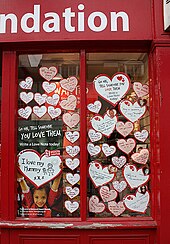 Valentine's Day love notes on display in 2010 for making a charitable donation to the British Heart Foundation Happy Valentine's Day - geograph.org.uk - 1706688.jpg