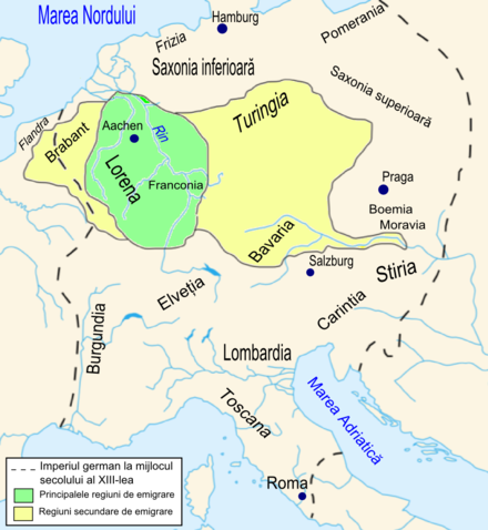 The regions of origin from which the initial waves of Transylvanian Saxons stemmed (the dotted line represent the border of the Holy Roman Empire during the High Middle Ages). Legend: .mw-parser-output .legend{page-break-inside:avoid;break-inside:avoid-column}.mw-parser-output .legend-color{display:inline-block;min-width:1.25em;height:1.25em;line-height:1.25;margin:1px 0;text-align:center;border:1px solid black;background-color:transparent;color:black}.mw-parser-output .legend-text{}  Lorraine - the main region of origin of the initial settlers   Brabant, Bavaria, and Thuringia - secondary regions of origin