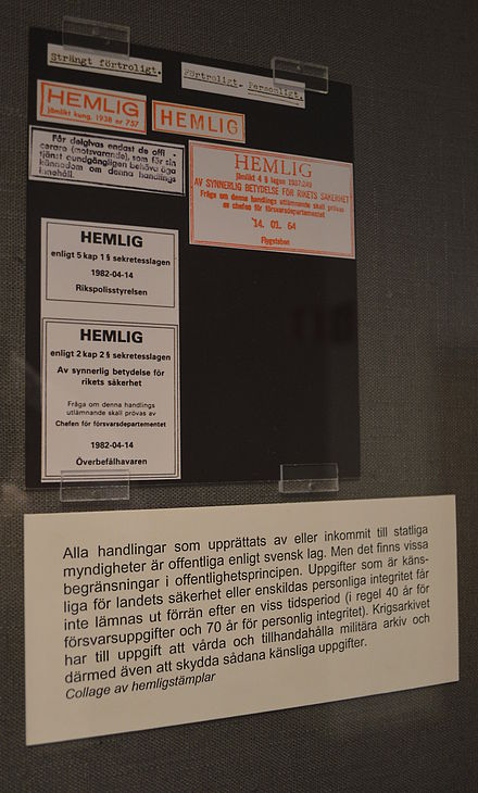 Some Swedish examples of markings attached to documents that are to be kept secret. A single frame around the text indicates Hemlig, which can be equal to either Secret, Confidential or Restricted. Double frames means Kvalificerat hemlig, that is, Top Secret.