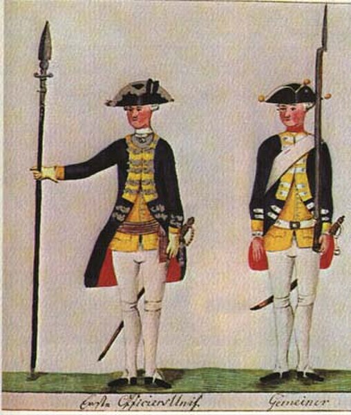 An 18th century illustration of two Hessian soldiers, including an officer (left) and private (right)