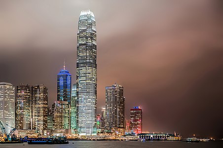 Hong Kong skyscrapers in a night of typhoon