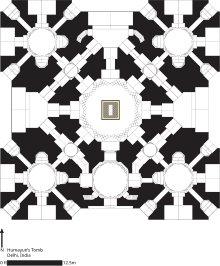 Floor plan of tomb structure of Humayun's Tomb Humayuns Tomb Plan with Scale For Wikipedia.svg