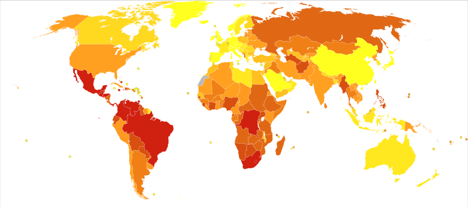 Interpersonal violence world map-Deaths per million persons-WHO2012.svg