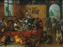 A singerie by Jan Brueghel the Elder and Jan Brueghel the Younger: Monkeys Feasting; c. 1620, oil on copper, 101 × 76 cm, private collection.