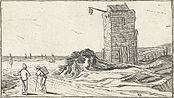 Johannes Pietersz. Berendrecht (After Esaias van de Velde). Path beside a lighthouse on a beach label QS:Len,"Path beside a lighthouse on a beach" label QS:Lpl,"Ścieżka koło latarni na plaży" label QS:Lnl,"Pad langs een vuurtoren aan het strand" 1610-1617. etching print. 5.8 × 9.7 cm (2.2 × 3.8 in). Amsterdam, Rijksmuseum Amsterdam.