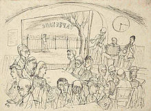 caricature représentant une salle de café et un garde à l'extérieur