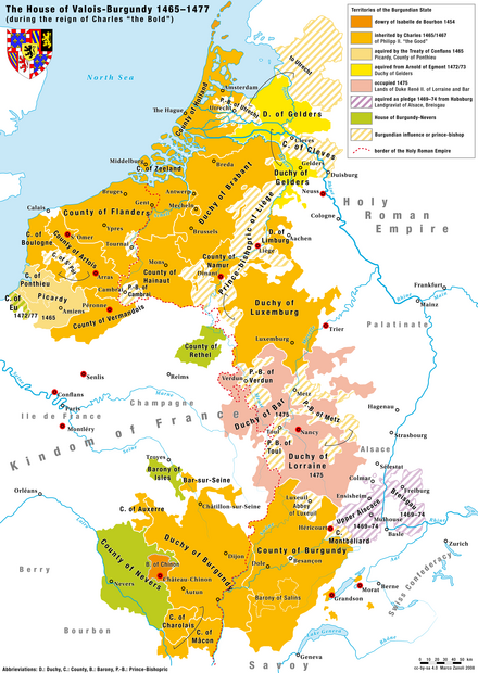 The holdings of the House of Valois-Burgundy during the reign of Charles the Bold in the late 15th century.