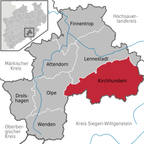 Poziția orașului Kirchhundem pe harta districtului Olpe