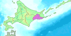 Kaart van Hokkaido met Kushiro gemarkeerd