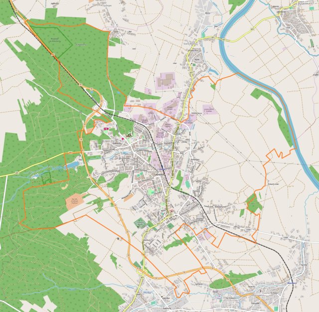 Mapa konturowa Leżajska, w centrum znajduje się punkt z opisem „ulica Adama Mickiewicza”