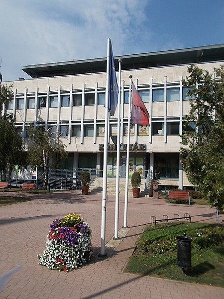 File:Library and flagpoles, 2017 Nyíregyháza.jpg