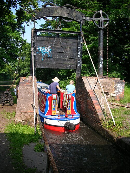 Lifford Lane guillotine stop lock, comprising two similar gates either side of the road bridge.