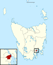 Mapa divizí Tasmánské zákonodárné rady, zvýrazněno Hobartem karmínově.