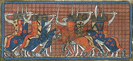 路易九世的軍隊和亨利三世的軍隊打仗，此圖采自1332-1350年間《聖但尼編年史》，現藏於不列顛圖書館，編號為Royal 16 G VI。