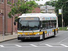 A route 111 bus near Fay Square in 2017 MBTA route 111 bus on Fay Square, June 2017.JPG