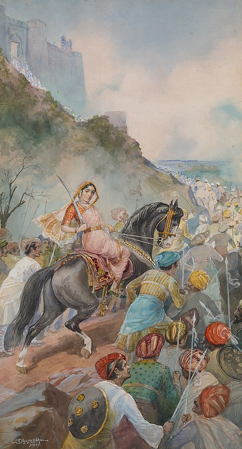 A 1927 depiction of Tarabai,the founder of the Karvir State, in battle by noted Marathi painter M. V. Dhurandhar