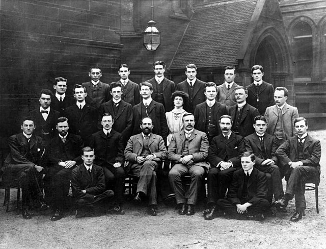 Members of the Victoria Manchester University physical and electro-technical laboratories staff, 1910, including Ernest Marsden, back, second from rig