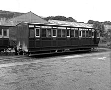 As restored in 1979 in the purple lake livery and carrying the M.N.Ry. No.17 fleet decals in the yard at Douglas Station shortly after restoration to commemorate the Manx Northern Railway centenary that year. Manx Northern Railway Brake-composite coach - geograph.org.uk - 1550743.jpg