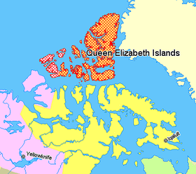 Carte de localisation des îles de la Reine-Élisabeth (hachurées en rouge).