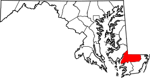 Map of Maryland highlighting Wicomico County