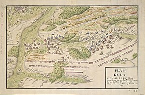 A map of the battle with Saint-Denis on the left and Casteau on the right. Map of the Battle of Saint-Denis 1678.jpg