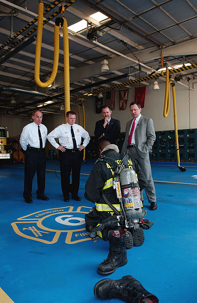 File:Michael Brown and R. David Paulison observe demonstration of safety equipment.jpg