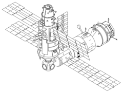 Kresba Miru po připojení modulu Kvant-2 (lodě Sojuz a Progress nejsou uvedeny), nahoře Kvant-2, uprostřed základní blok Miru a vpravo Kvant