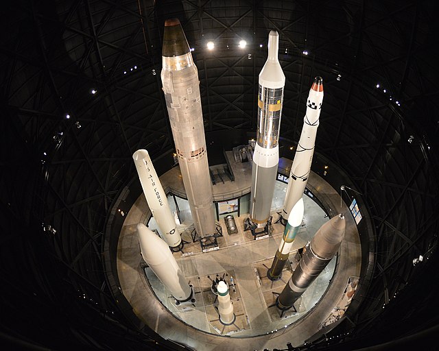 An assortment of American nuclear intercontinental ballistic missiles at the National Museum of the United States Air Force. Clockwise from top left: 