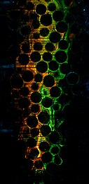 Winner: Photo of transmission and mixing of two flurescence dye in porous 3D environment. Refractive index of beads with 16 mm diameter is same as of water surrounding the beads, making it possible to visualize transmission and mixing of dye in the light of horizontal laser in porous environment. (Mihkel Kree)