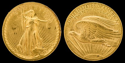 Saint-Gaudens double eagle, subject of public outcry in 1907 due to the lack of "In God we Trust" on the coin (it would later appear on the obverse side, the one with the eagle, close to the sun
