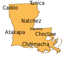 The languages of historic Native American tribes who inhabited what is now Louisiana include: Tunica, Caddo, Natchez, Choctaw, Atakapa, Chitimacha and Houma. Native Languages of Louisiana.svg