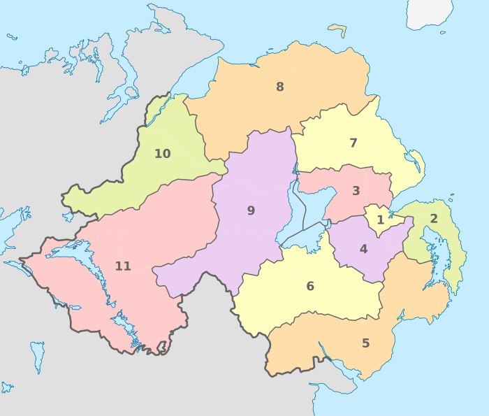 Northern Ireland, administrative divisions - Nmbrs - colored.svg