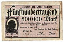 Notgeld (emergency money) of Bochum from 1923 Notgeld der Stadt Bochum 1923 - 500 000 DM - Vorderseite.jpg