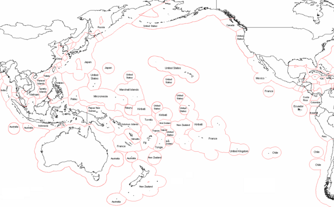 An exclusive economic zone map of the Pacific which includes all islands.
