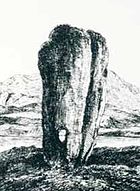 A black and white line drawing of a tall standing stone that is wider at the top than the base. It has a long vertical crack on the right hand side and there is a small hole that goes right through it near the ground. A lake and hill are in the background.