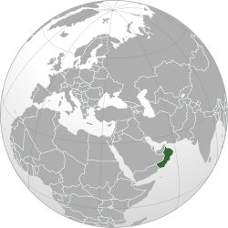 Location of Oman in the Arabian Peninsula (Dark green)