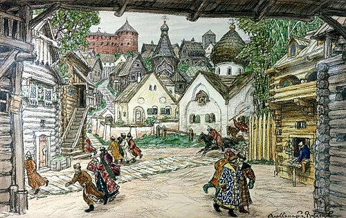 The street in the town: people fleeing at the arrival of the Oprichniki (set to the opera The Oprichnik by Pyotr Ilyich Tchaikovsky, 1911)