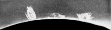 Solar prominences during an eclipse in solar cycle 13 (28 May 1900). PSM V60 D255 Solar prominences of the may 28 1900 eclipse.png