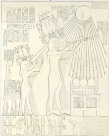 Akhenaten and Nefertiti offering to the Aten. From the tomb of Panehsy in Amarna. from Lepsius Denkmahler. PanehsyTomb-Akhenaten-Nefertiti-Atef.png