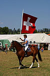 Photographie d’un cavalier montant un cheval à la robe brune et portant au bout de son bras droit un drapeau suisse; en arrière-plan, une grande cantine.